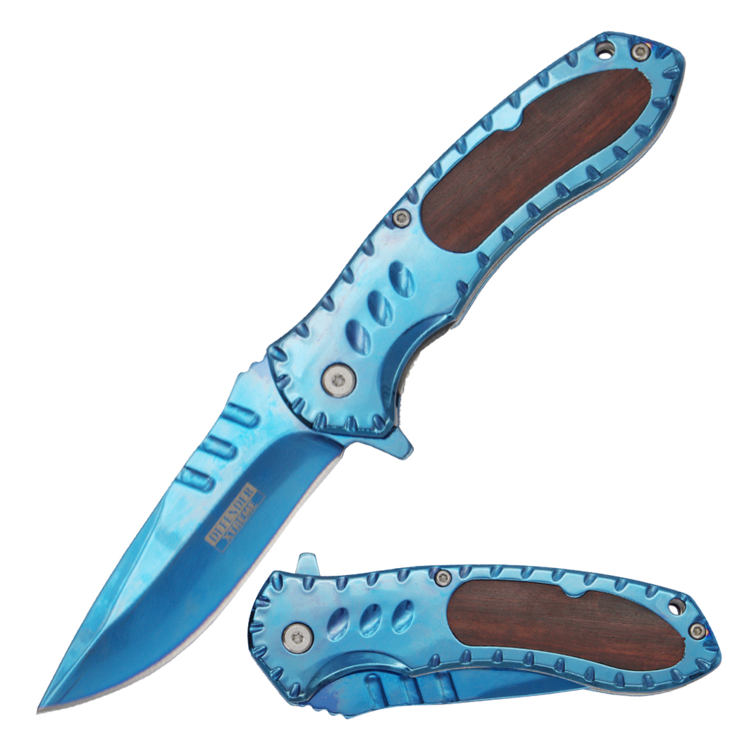 14485 - Defender-Xtreme 8.5" Blue Titanium Coating With Red Ebony Inlay Handle Spring Assisted Folding Knife