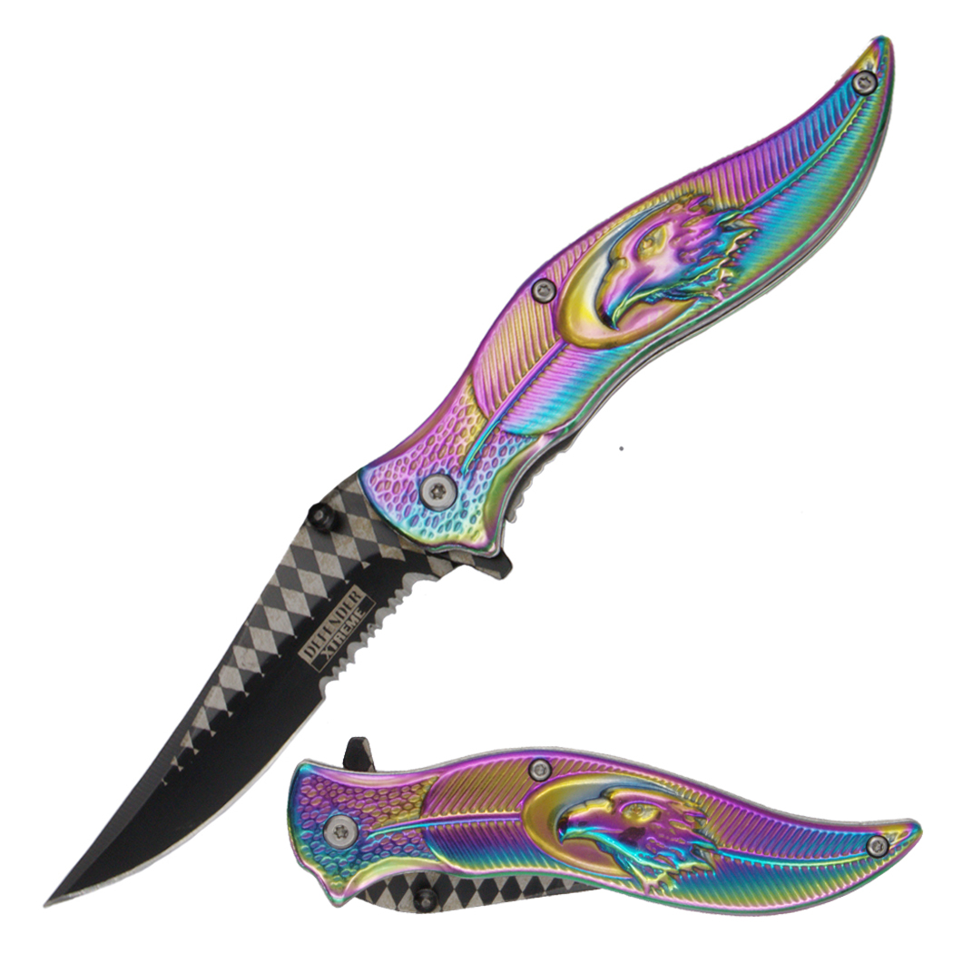 14490 - Defender-Xtreme 8.5" Rainbow Titanium Coating Leaf Style Handle Spring Assisted Folding Knife