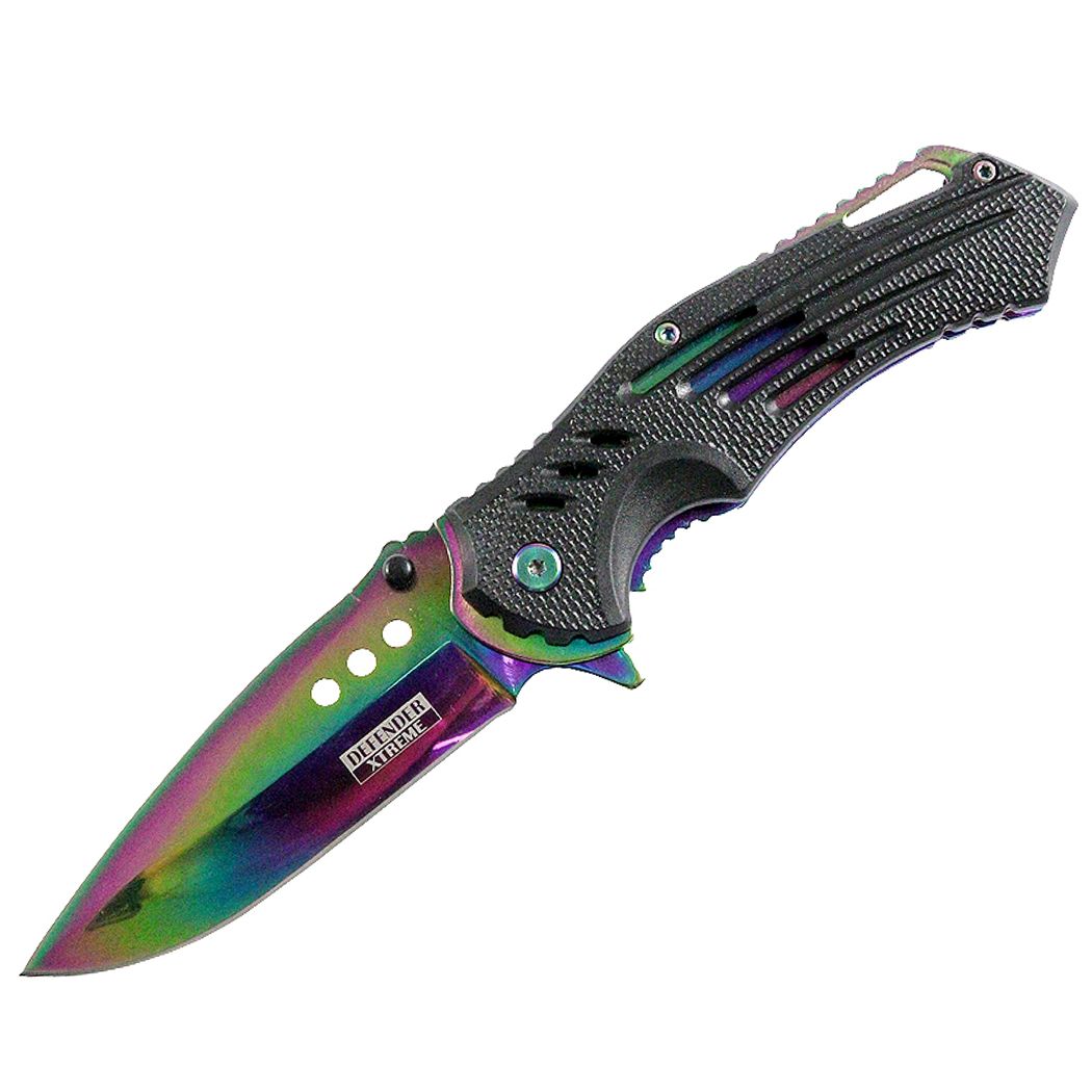 13098 - Defender Xtreme 8.75" Spring Assisted Tactical Folding Knife 3CR13 Steel Rainbow