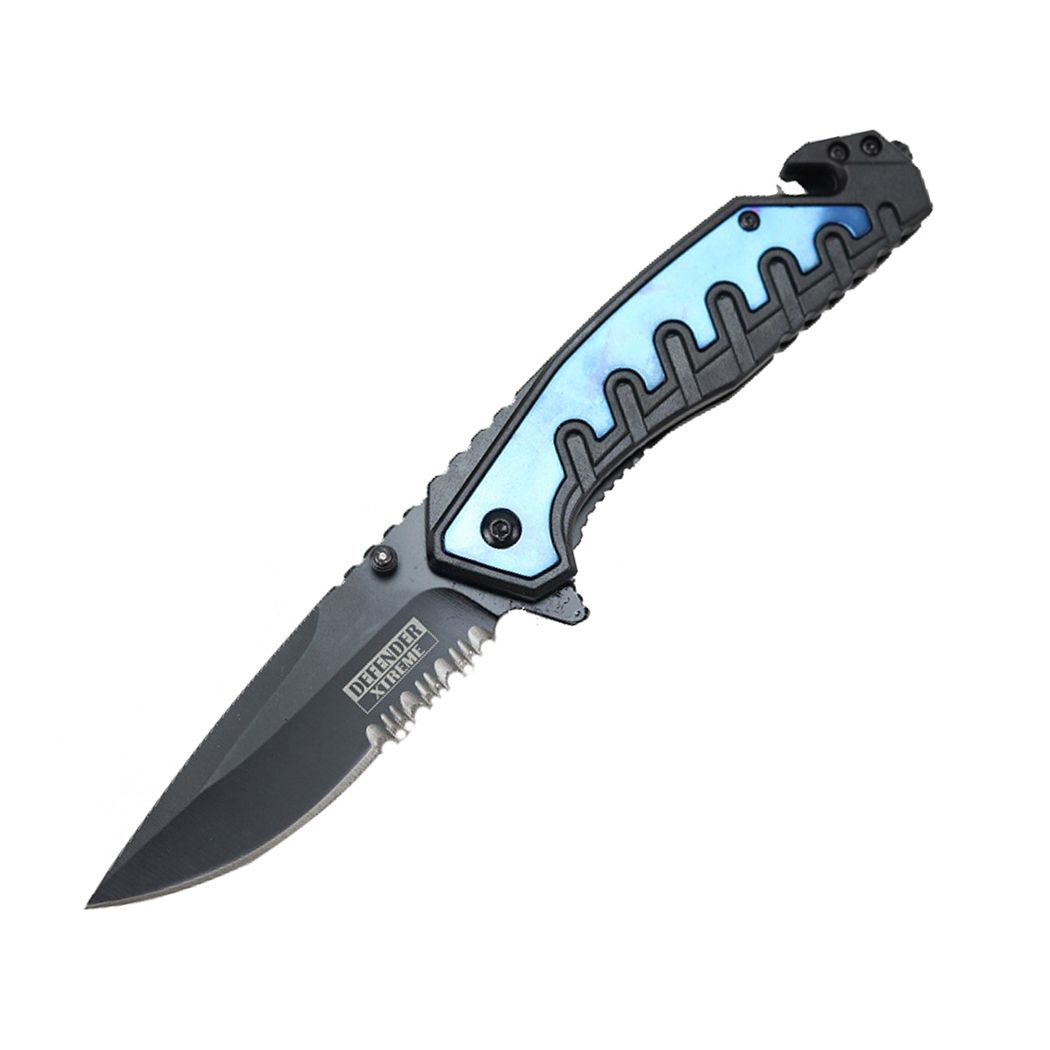 9878 - Defender-Xtreme 9" Blue and Black Spring Assisted Folding Knife with Belt Clip