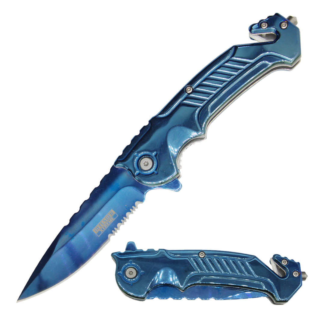 14474 - Defender-Xtreme 9" Blue Titanium Coating Serrated Blade Spring Assisted Folding Knife 3CR13 Steel