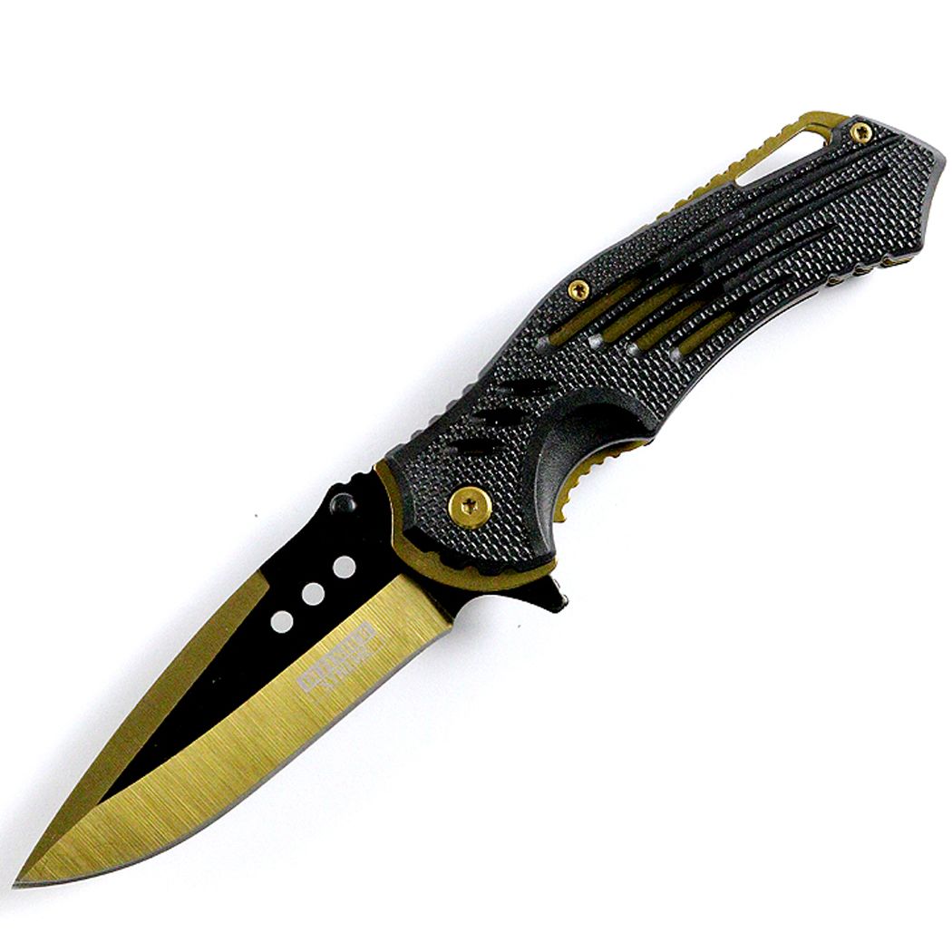 13097 - Defender Xtreme Golden 8.75" Spring Assisted Tactical Folding Knife 3CR13 Steel