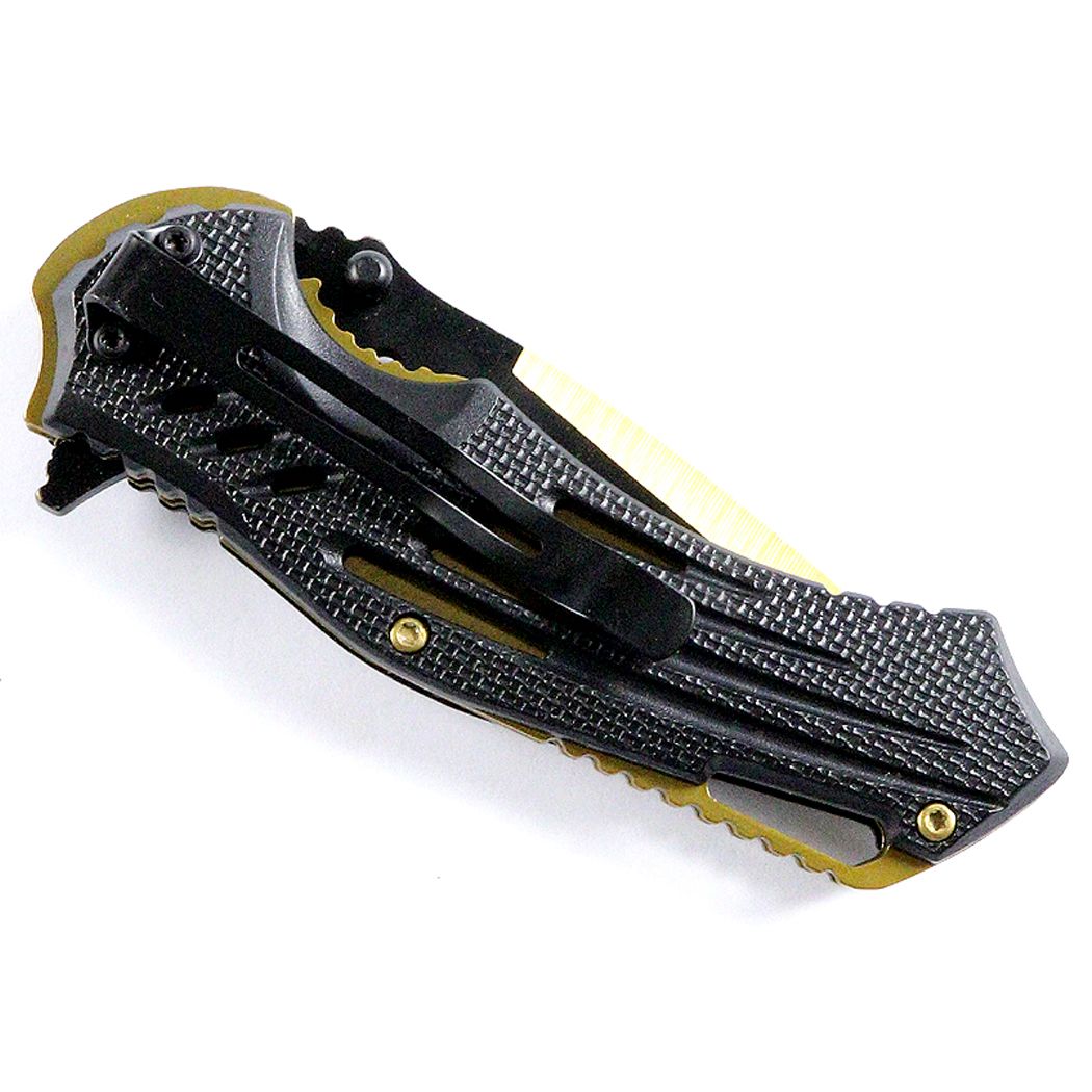 13097 - Defender Xtreme Golden 8.75" Spring Assisted Tactical Folding Knife 3CR13 Steel
