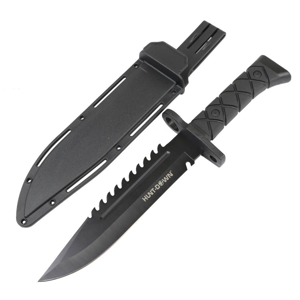 13579 - Hunt-Down 14.5" Tactical Hunting Knife ABS Handle 3CR13 Stainless Steel All Black