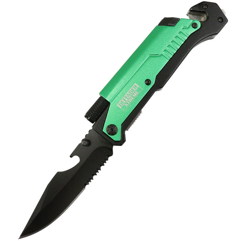 Defender-Xtreme 8.5" Multi Function Folding Knife Green Color Handle (13009)