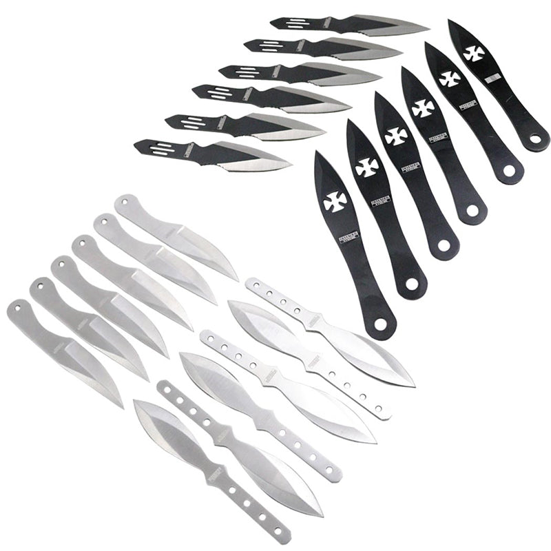 Defender 5.5" Throwing Knife 24 Pc Set Stainless Steel 4 Styles Black & Silver (13273)