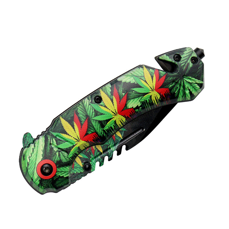 8" Leaves Design Handle & Blade Folding Knife W/ Belt Cutter (13886)