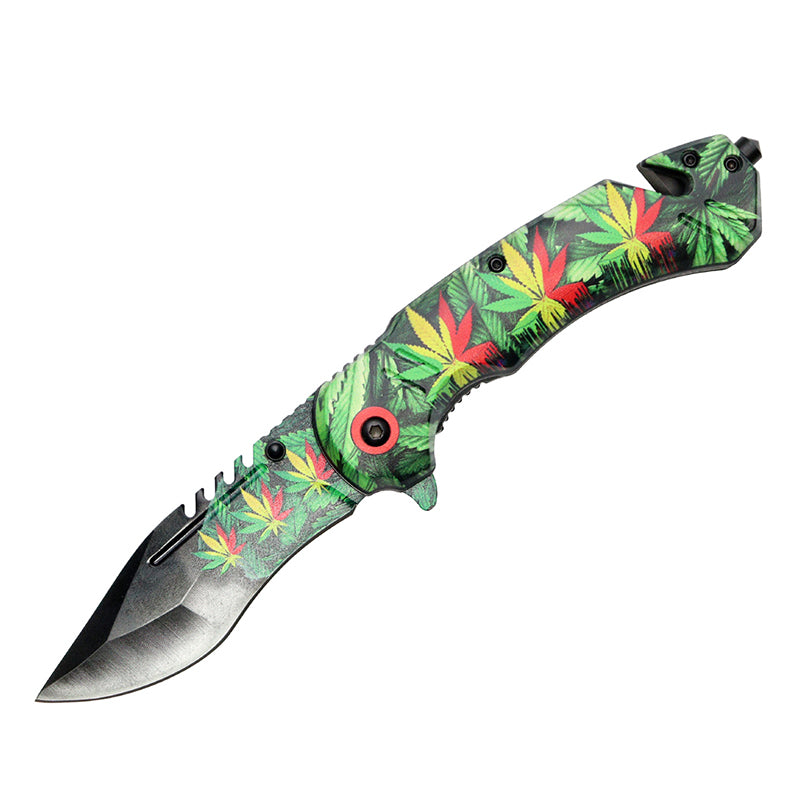 8" Leaves Design Handle & Blade Folding Knife W/ Belt Cutter (13886)
