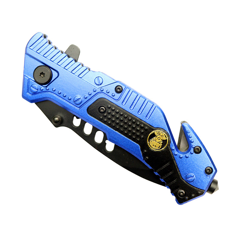 8" Black Finished Blade Blue & Black Aluminum Handle Folding Knife With Belt Cutter (13944)