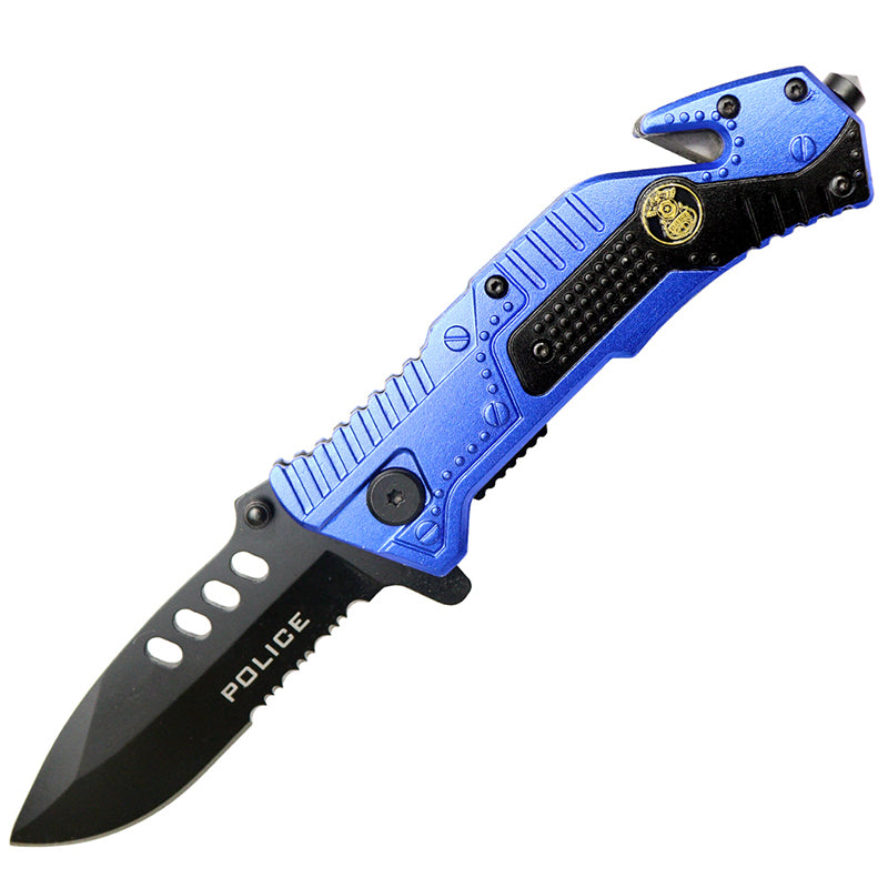 8" Black Finished Blade Blue & Black Aluminum Handle Folding Knife With Belt Cutter (13944)