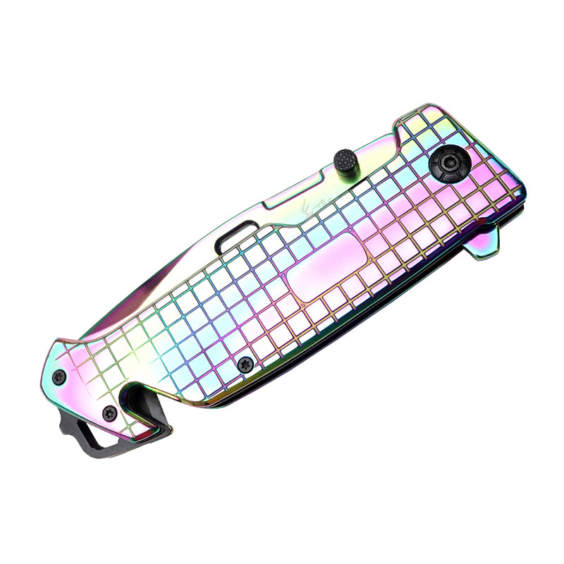 The Bone Edge 8.5" Shiny Rainbow Drop Point Blade Folding Knife With Belt Cutter (13992)