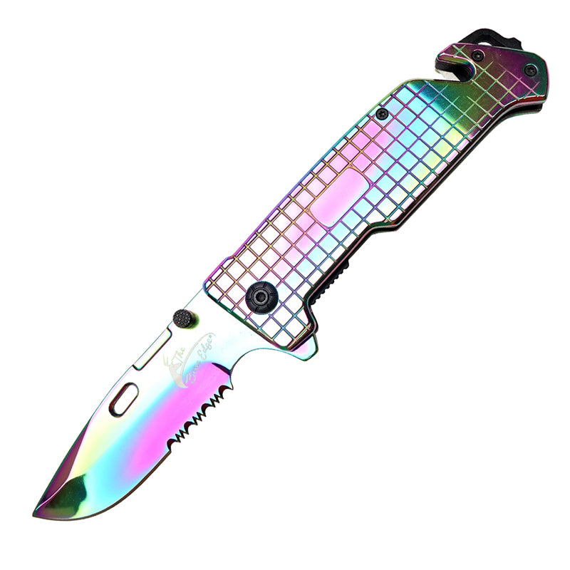 The Bone Edge 8.5" Shiny Rainbow Drop Point Blade Folding Knife With Belt Cutter (13992)