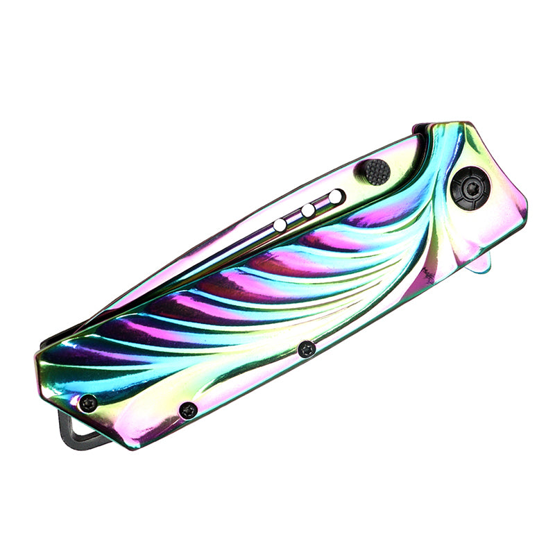 The Bone Edge 9" Shiny Rainbow Steel Handle Folding Knife With Belt Clip (13993)