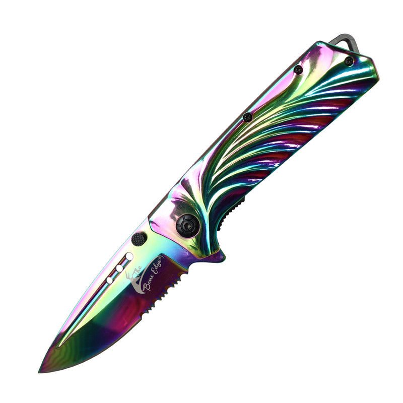 The Bone Edge 9" Shiny Rainbow Steel Handle Folding Knife With Belt Clip (13993)