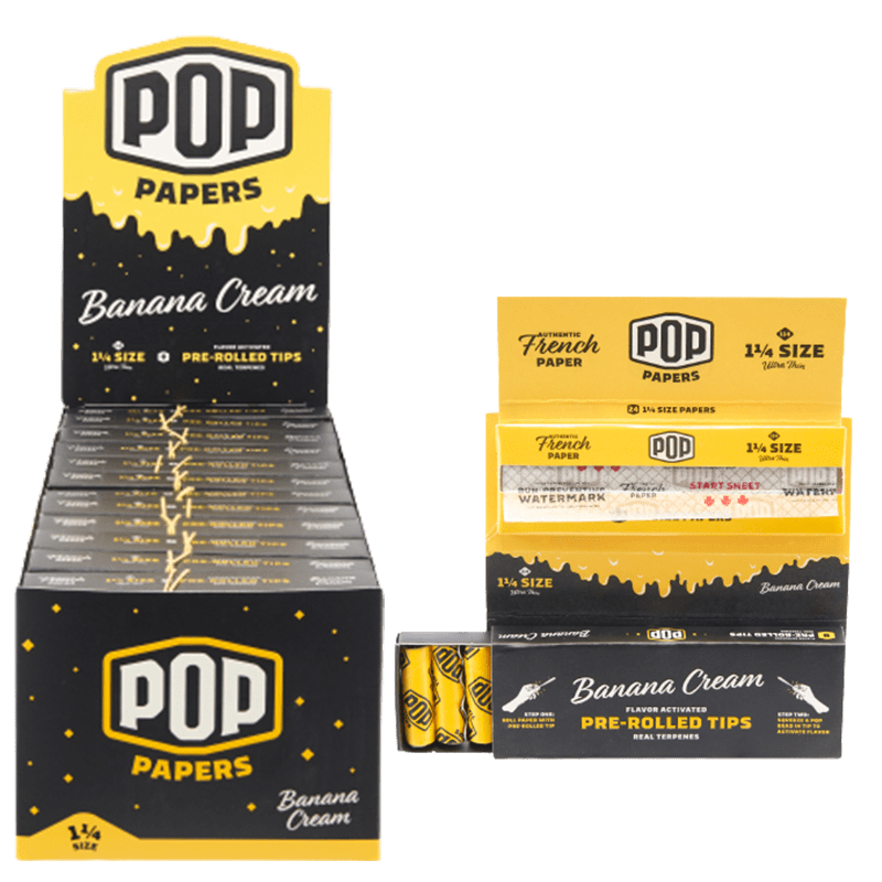 Pop Papers 1 ¼ Size Rolling Papers with Pre-Rolled Flavor Filter Tips – Banana Cream (RP-1400)