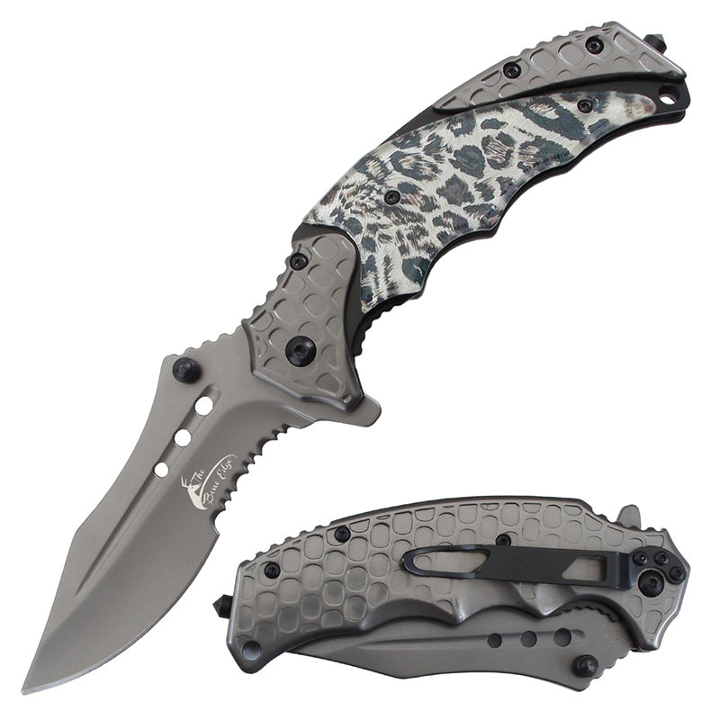 TheBoneEdge 8.5" All Grey Ti-Coated Serrated Blade Folding Knife With Belt Cutter Clip (14204)