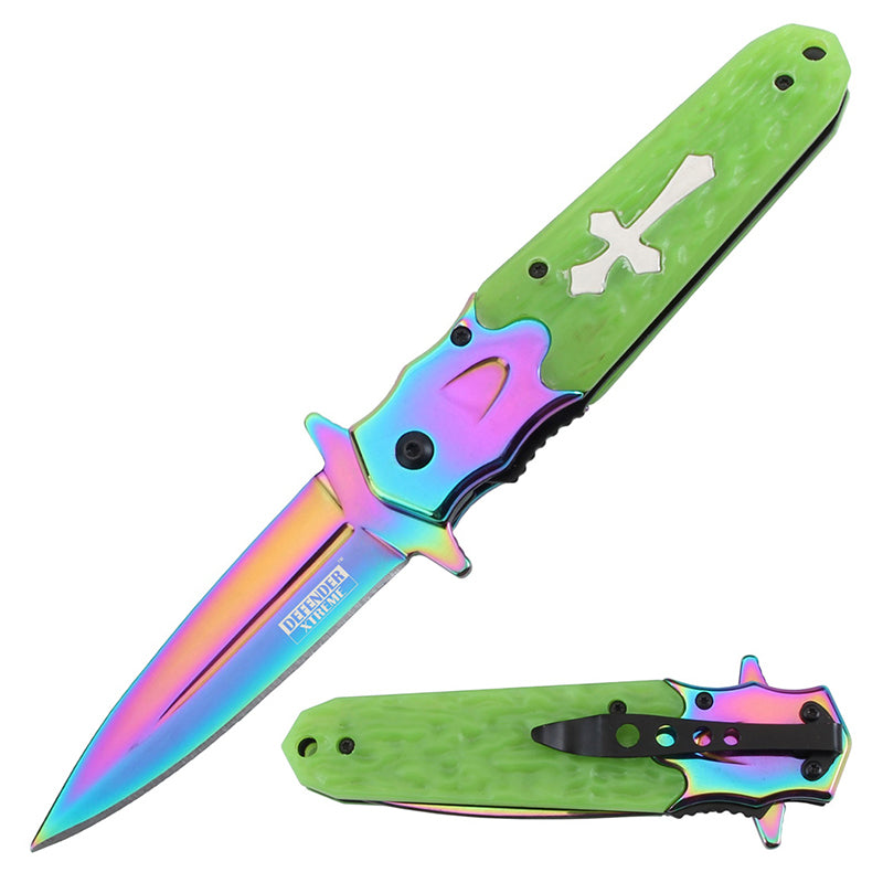 Defender-Xtreme 8.5" Green Luminous Handle Rainbow Bolster & Blade Folding Knife (14208)