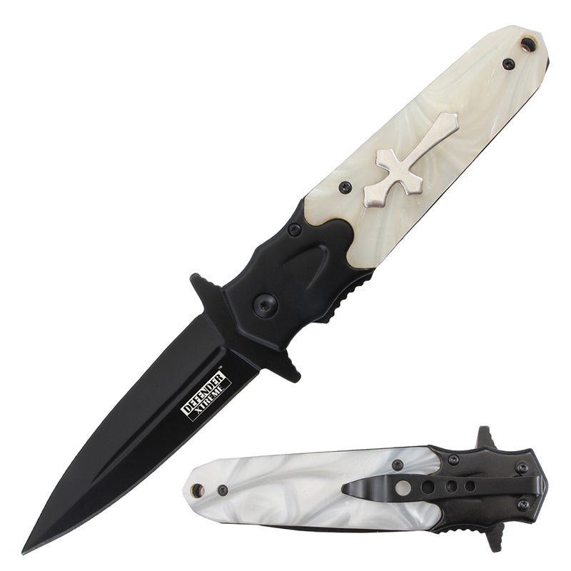 Defender Xtreme 8.5" Folding Knife - White Acrylic Handle, Black Bolster Blade (14210)