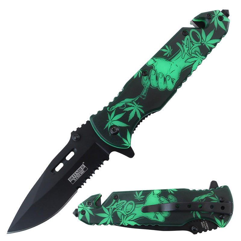 Defender-Xtreme 8.5" Hand Pattern Handle Folding Knife With Belt Cutter & Glass Breaker (14226)