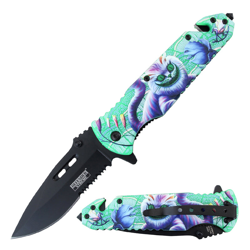 Defender-Xtreme 8.5" Cat Pattern Handle Folding Knife With Belt Cutter & Glass Breaker (14230)