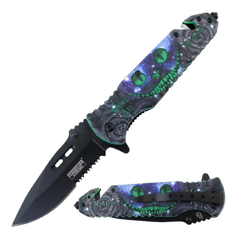 Defender-Xtreme 8.5" Alien Pattern Handle Folding Knife With Belt Cutter & Glass Breaker (14231)