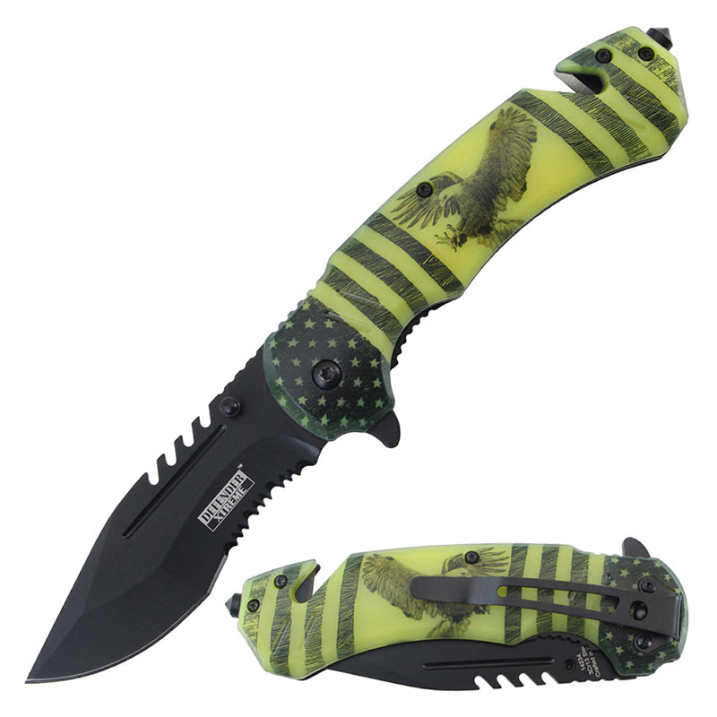 Defender-Xtreme 8.5" Eagle Pattern Handle Folding Knife With Belt Cutter & Glass Breaker (14234)