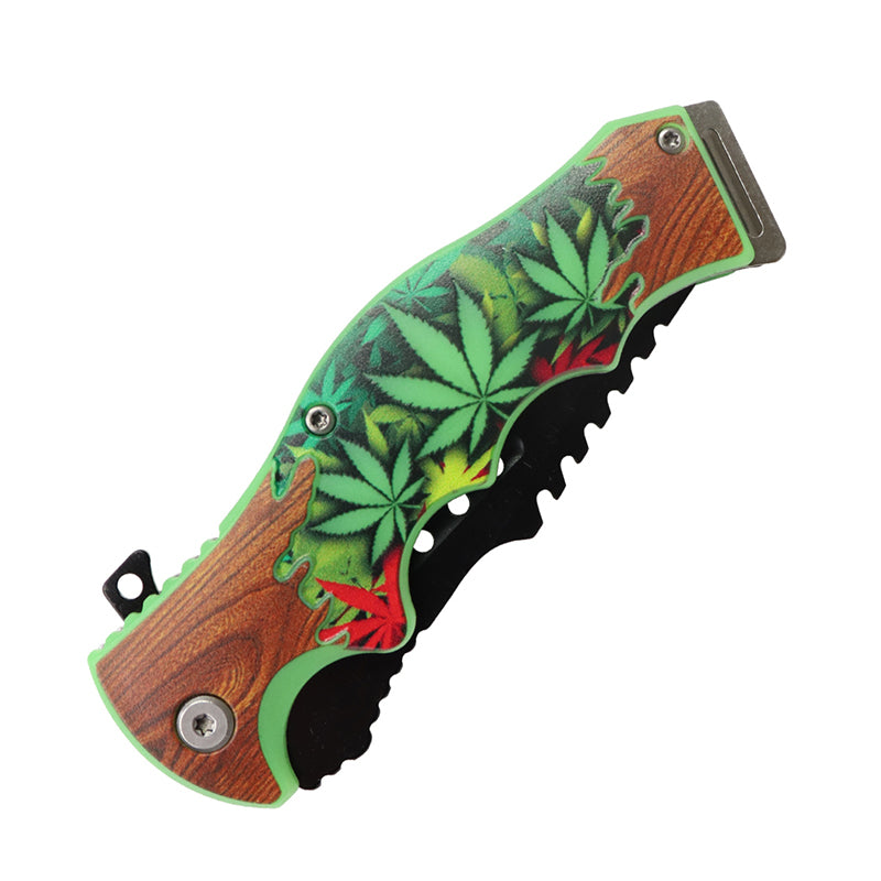 Defender-Xtreme 8.5" Leaf Design Handle Folding Knife With Belt Cutter (14268)