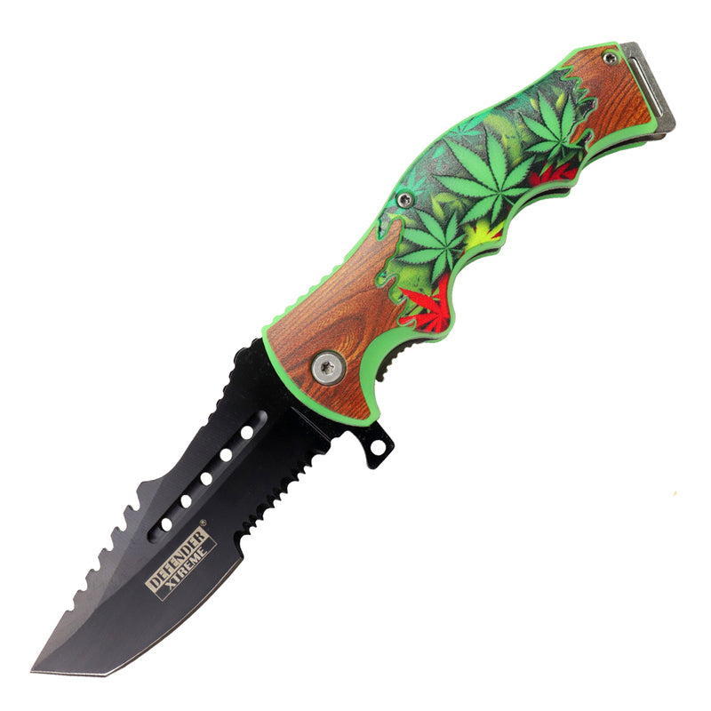 Defender-Xtreme 8.5" Leaf Design Handle Folding Knife With Belt Cutter (14268)