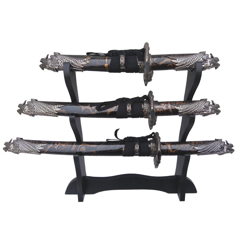 16/13/11" 3 Pcs Blk Dragon Swords Set With Wood Stand (14364)