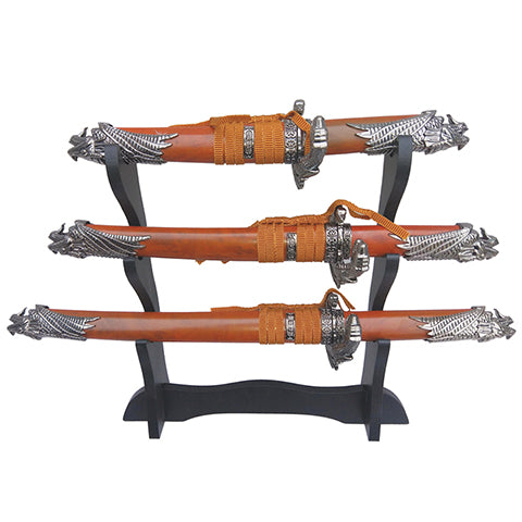 16/13/11" 3 Pcs Brown Dragon Swords Set With Wood Stand (14365)