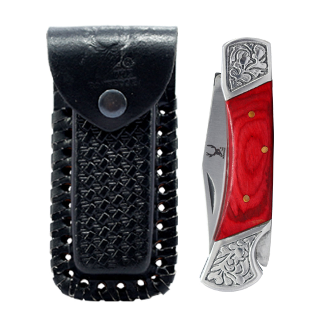 14560 - TheBoneEdge 7" Red Wood Handle Stainless Steel Blade Folding Knife With Leather Pouch