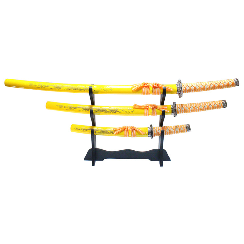 3 Pc Yellow & Orange Dragon Design Samurai Katana Swords Set with Stand (2209)