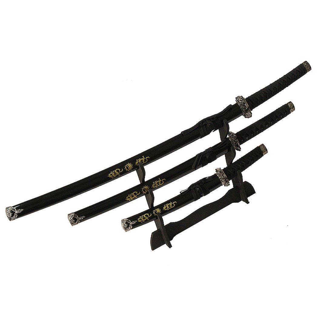 3 Pc Black Ying Yang symbol Wholesale Sword Set  (5278)