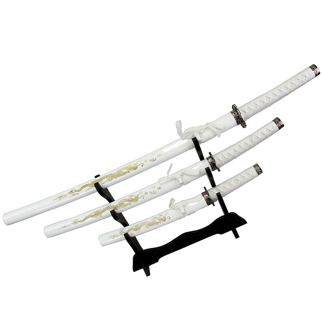 3 Pc White Dragon Design Samurai Katana Swords Set with Stand  (2208)