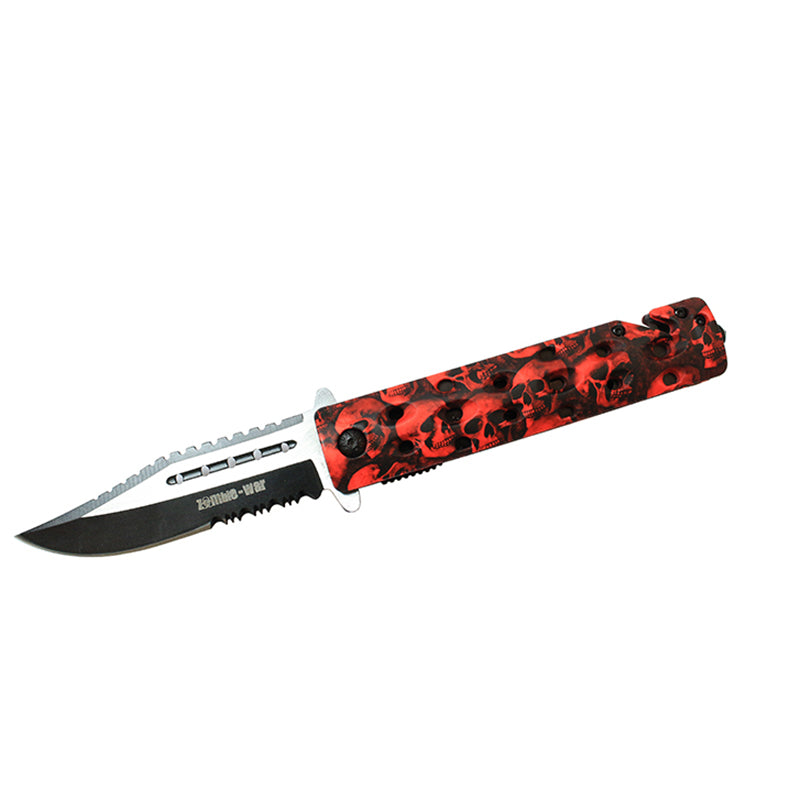 8.5" Zombie War Red & Black Skull Design Folding Knife w/ Glass Breaker (7662)