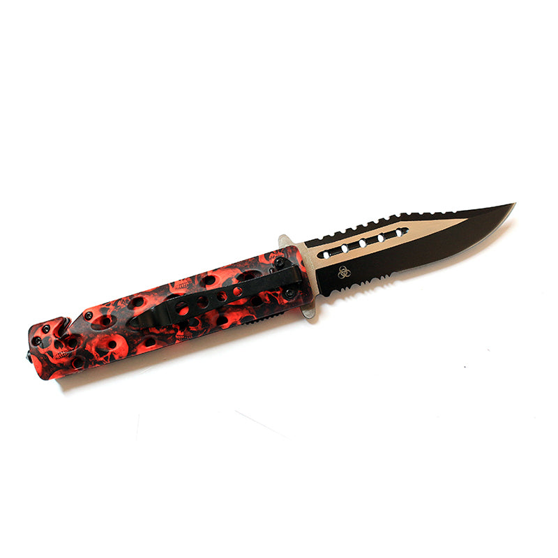 8.5" Zombie War Red & Black Skull Design Folding Knife w/ Glass Breaker (7662)