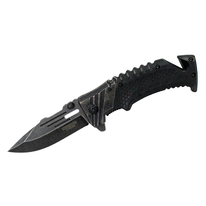 8" Defender Xtreme Folding Knife Black Handle with Seat Belt Cutter (9288)