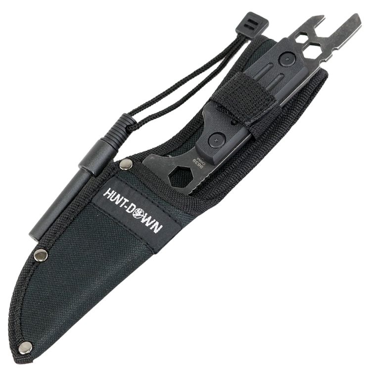 9839 - Hunt-Down 9.5" Stonewashed Fixed Blade Full Tang Tactical Knife Sheath & Wrench