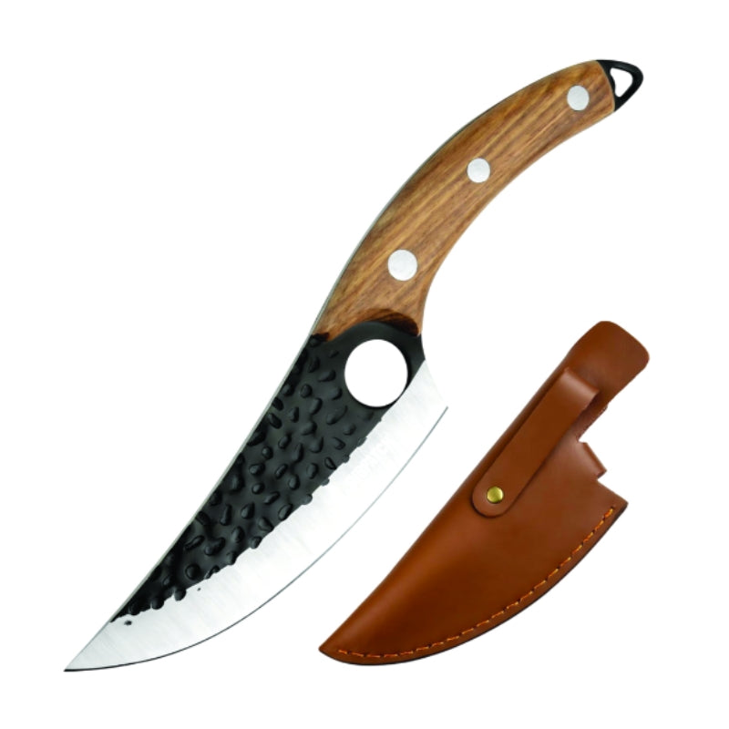 10.8" Skinner Knife With Curved Wooden Handle & Leather Sheath (DP0173-SW)