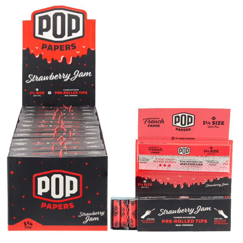 Pop Papers 1 ¼ Size Rolling Papers with Pre-Rolled Flavor Filter Tips – Strawberry Jam (RP-1402) - 24/Display