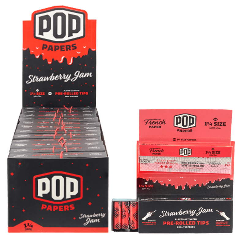 Pop Papers 1 ¼ Size Rolling Papers with Pre-Rolled Flavor Filter Tips – Strawberry Jam (RP-1402)
