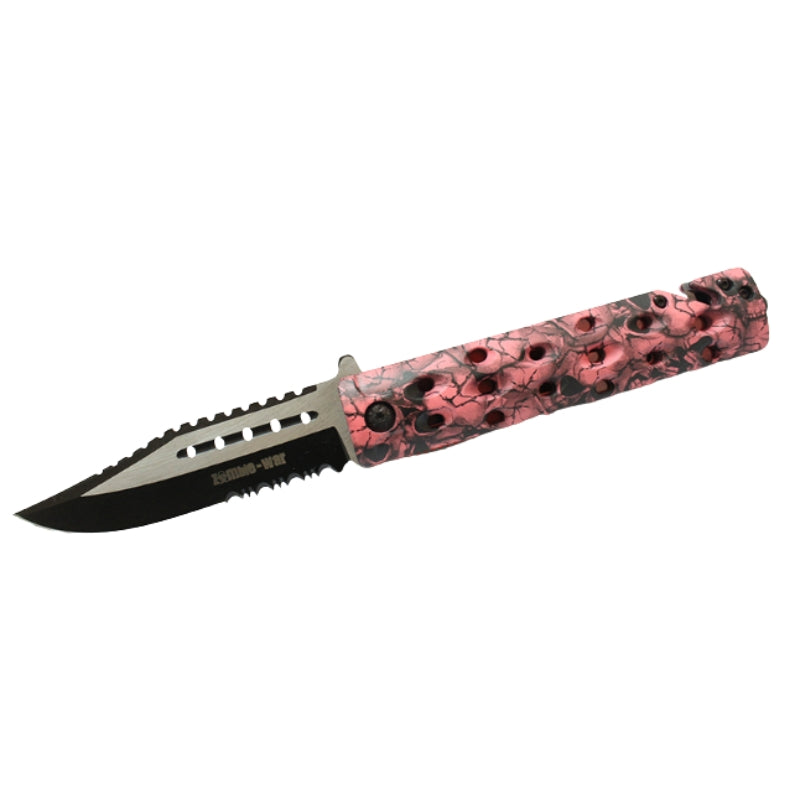 8.5" Zombie War Pink & Black Skull Design Knife w/ Glass Breaker (7668)