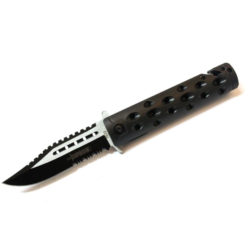 8.5" Black Tactical Design Knife with Belt Clip & Glass Breaker (7672)