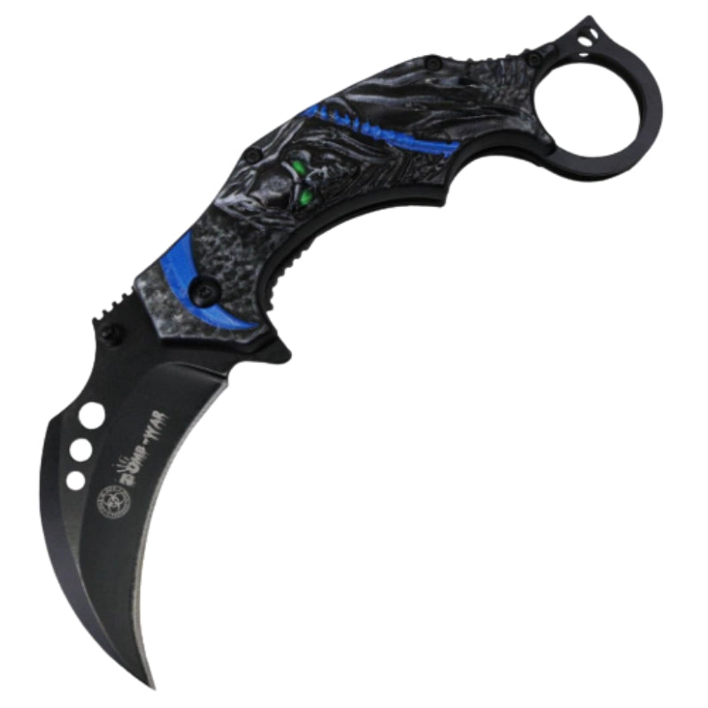 13495 - Zomb-War 7" Grim Reaper Black Blue Folding Knife Stainless Steel