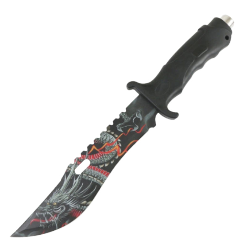 13571 - Defender 13" Tactical Hunting Knife Rubber Handle Dragon Art Blade Outdoor Camping