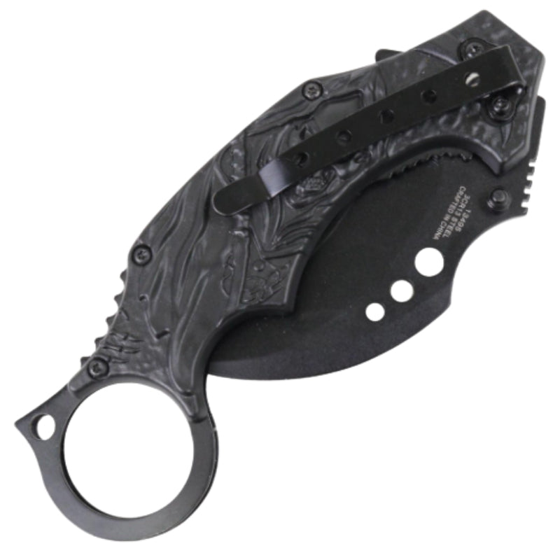 13495 - Zomb-War 7" Grim Reaper Black Blue Folding Knife Stainless Steel