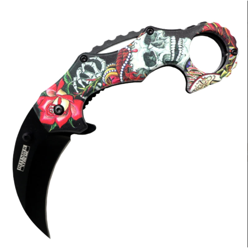 13975 - Defender-Xtreme 6.5" Skull & Rose Handle Folding Knife 3CR13 Steel
