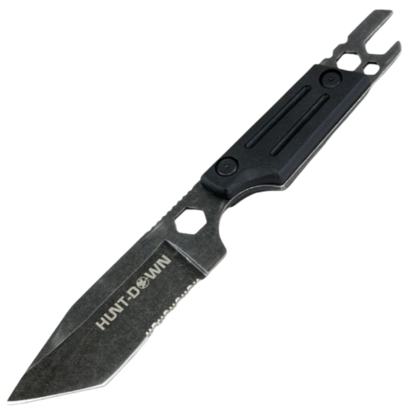 9840 - Hunt-Down 9.5" Stonewashed Tanto Fixed Blade Full Tang Knife Sheath & Wrench Tool