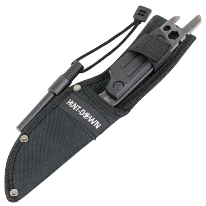 9840 - Hunt-Down 9.5" Stonewashed Tanto Fixed Blade Full Tang Knife Sheath & Wrench Tool