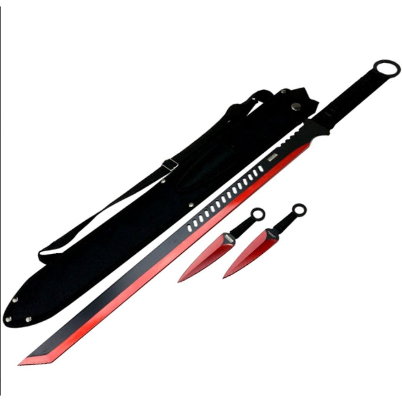 27" Red 2 Tone Blade Sword with 2 Throwing Knives and Sheath (K1020-65-RD)